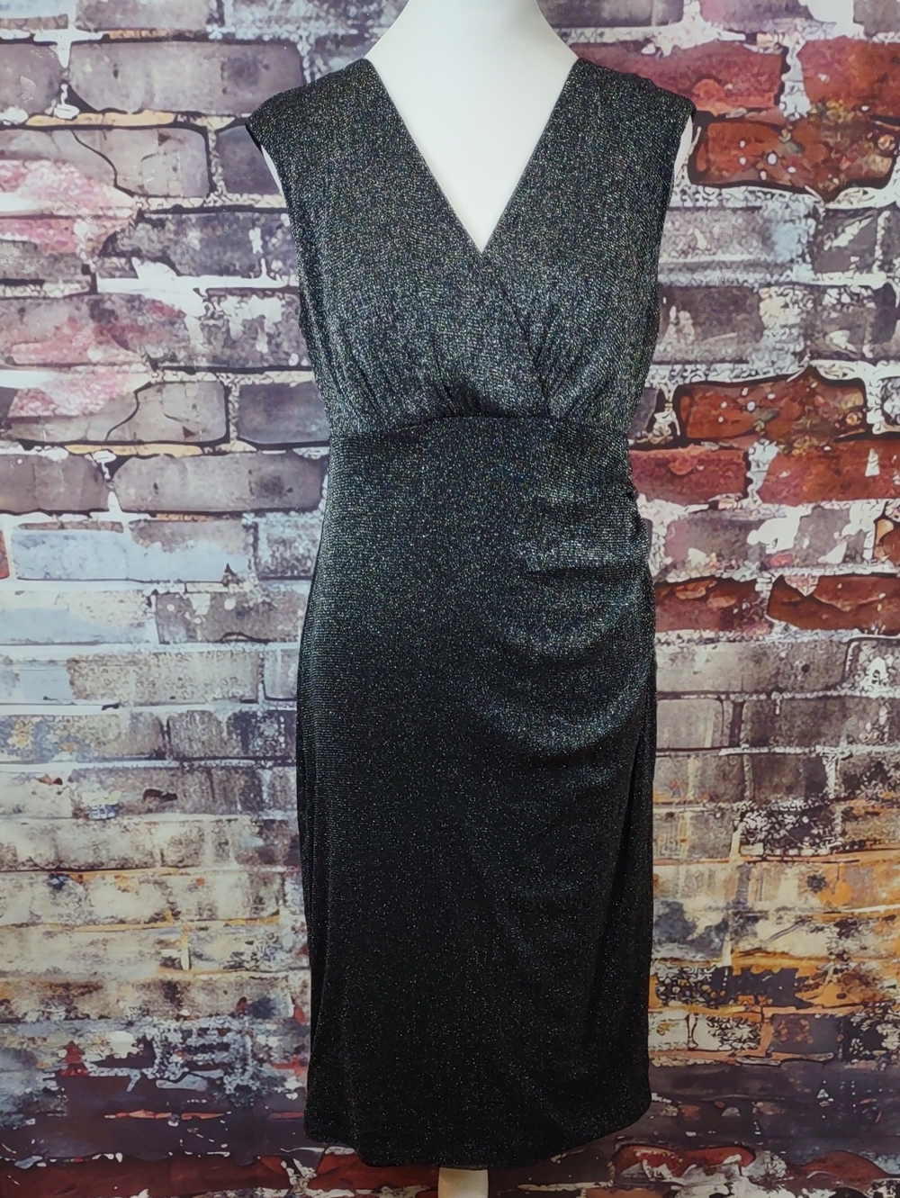 Black Glitter V-Neck Midi Dress